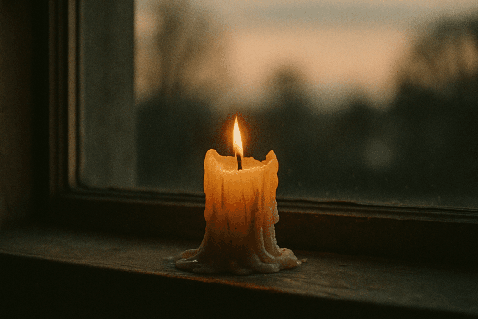 A half-melted candle on a windowsill at dusk, warm amber tones, soft light