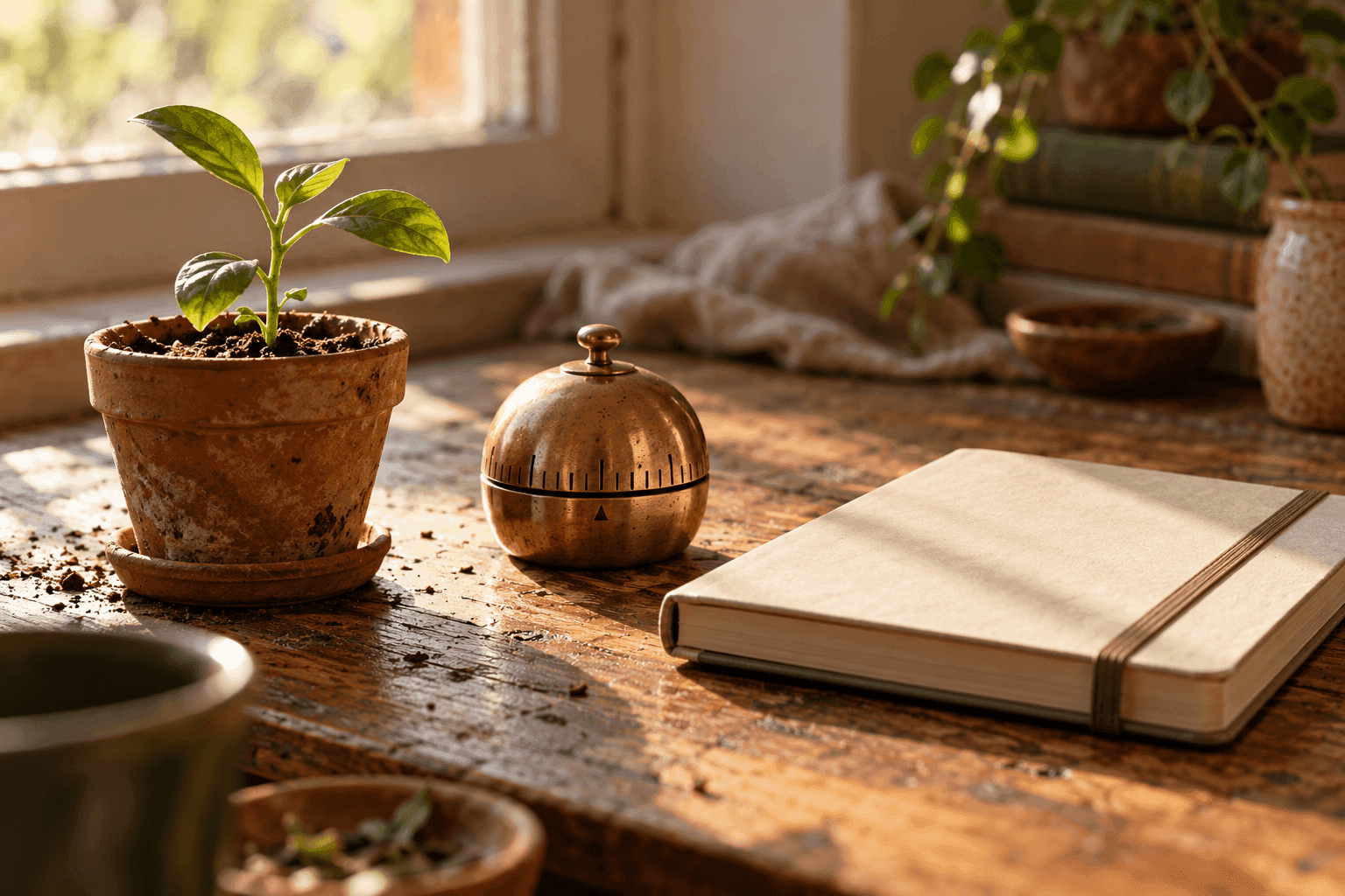 Small seedling, brass timer, and blank notebook on a desk