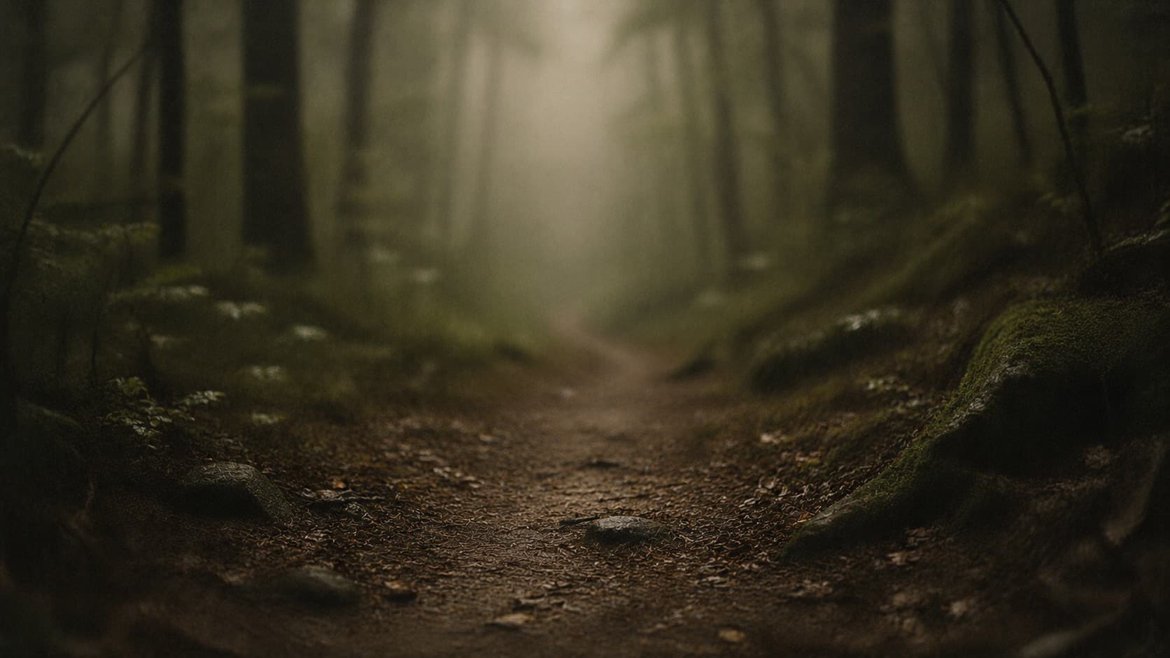 A narrow dirt path disappearing into a misty forest, pale morning light.