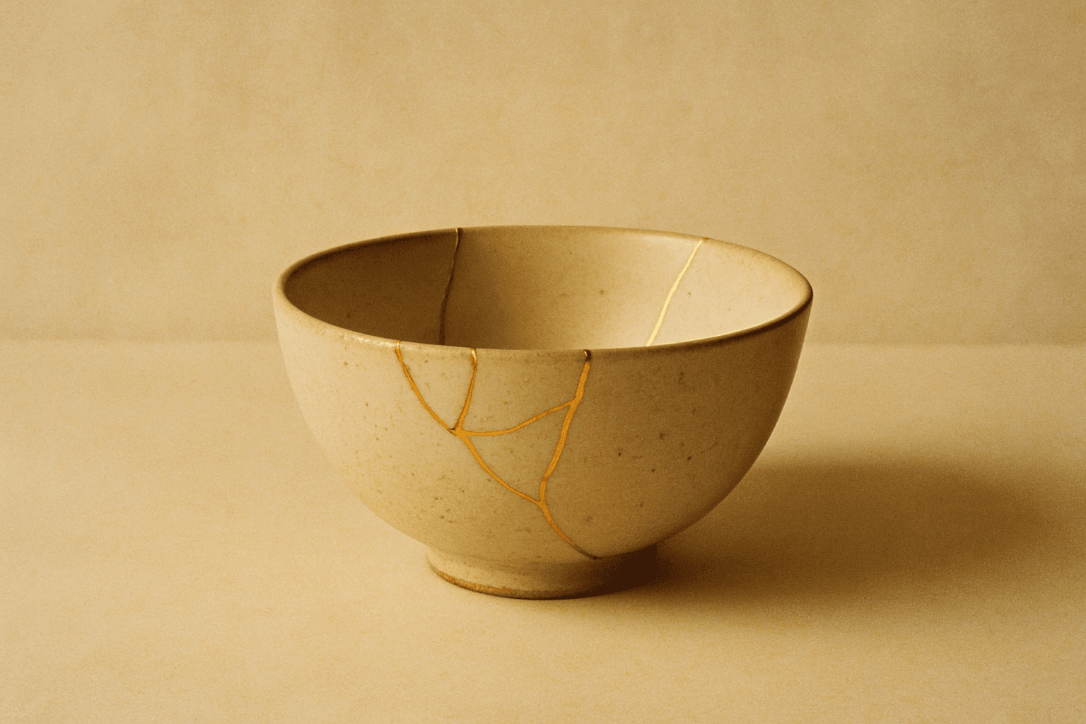 A cracked ceramic bowl mended with gold on a cream surface, soft warm light
