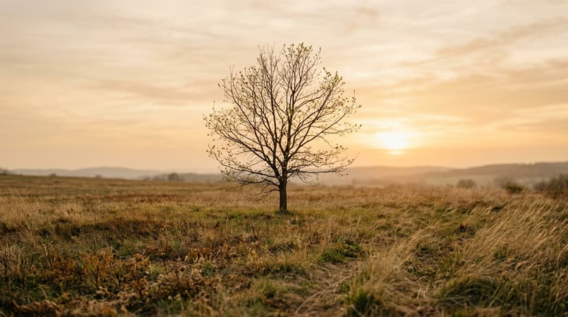 A single tree standing in an open field at golden hour, shedding old leaves with new green buds emerging on its branches, warm amber tones