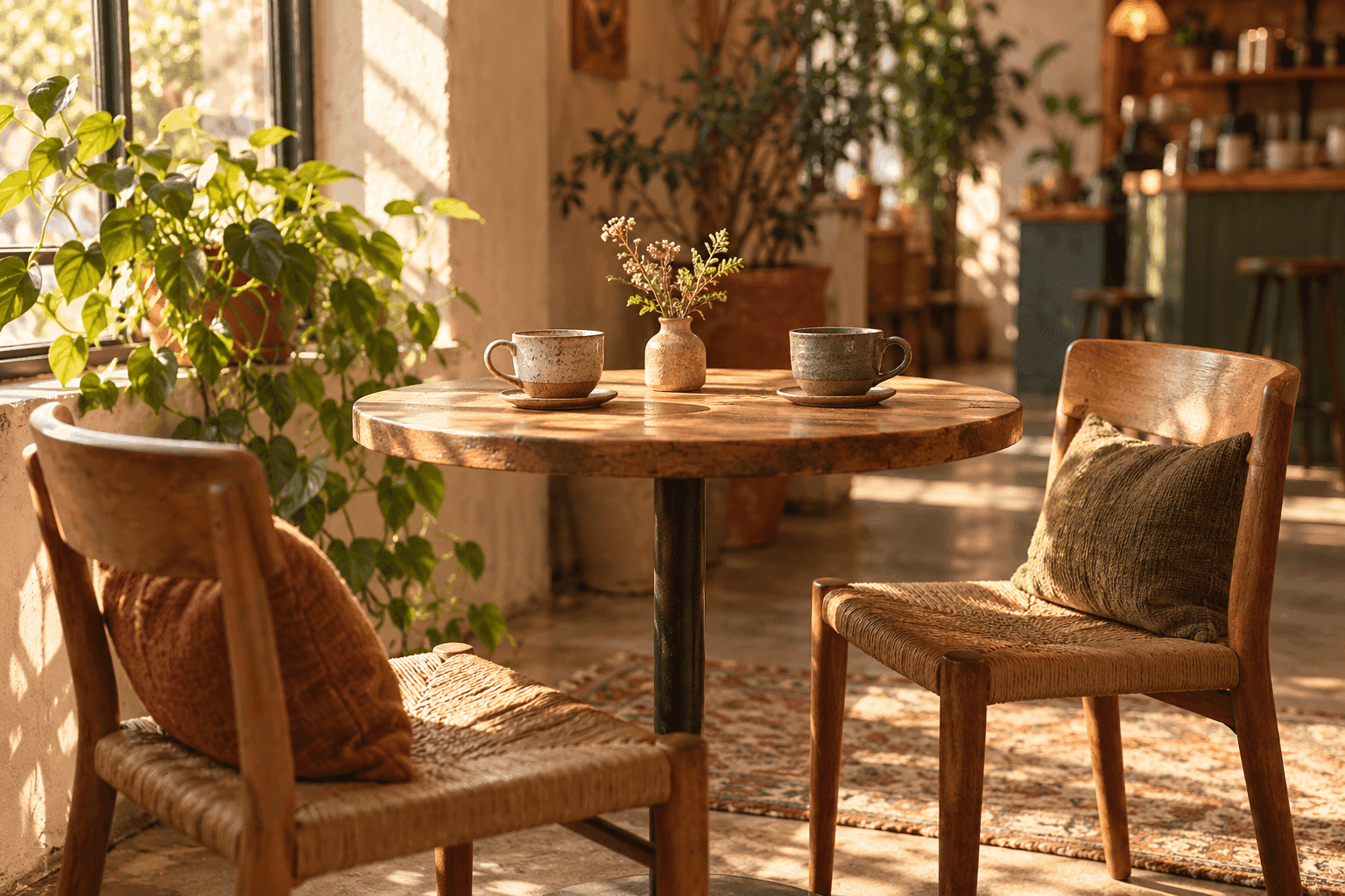 Two empty chairs and tea cups around a small cafe table