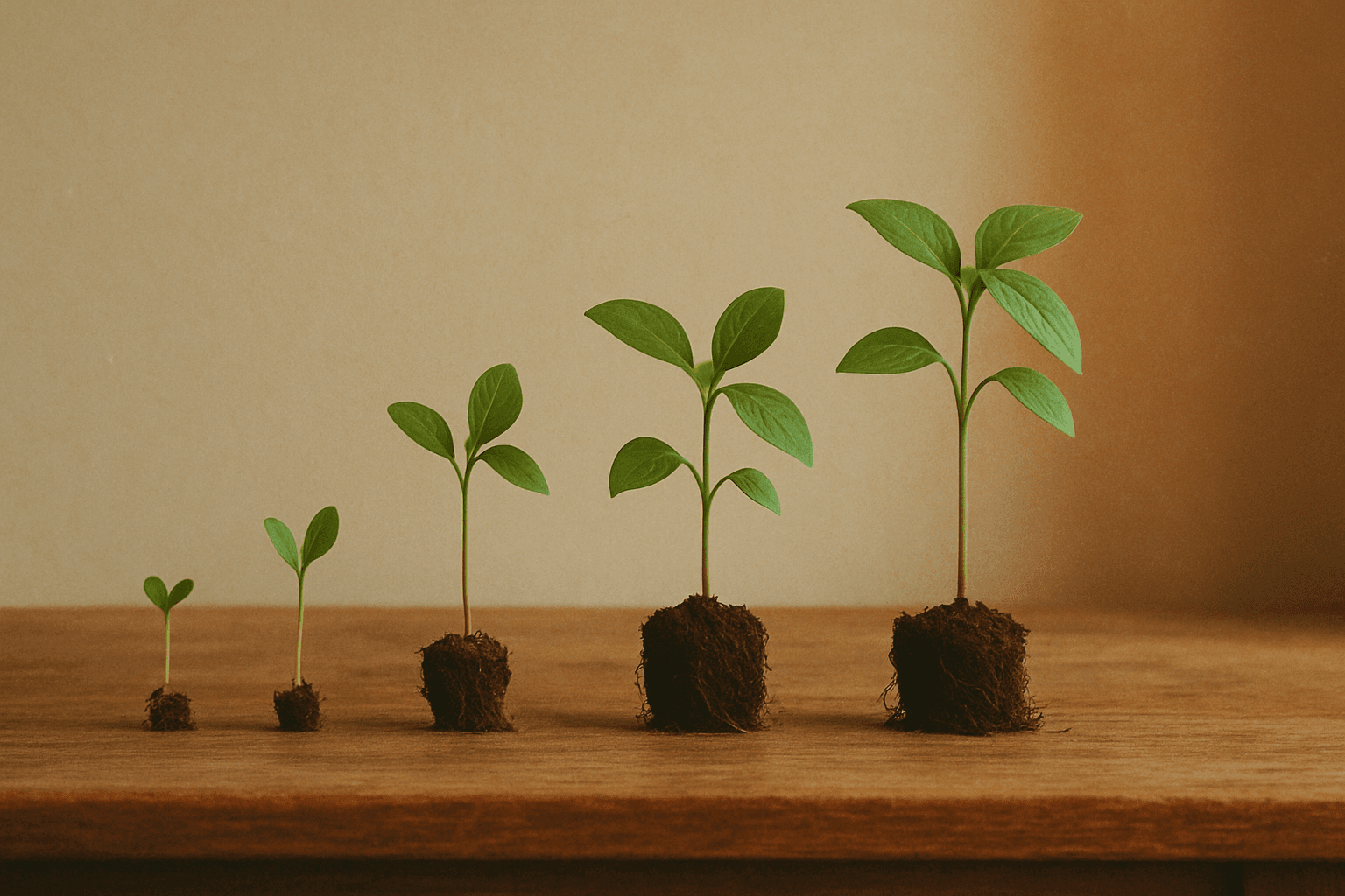 Six small plants in different stages of growth on a wooden surface, warm natural light