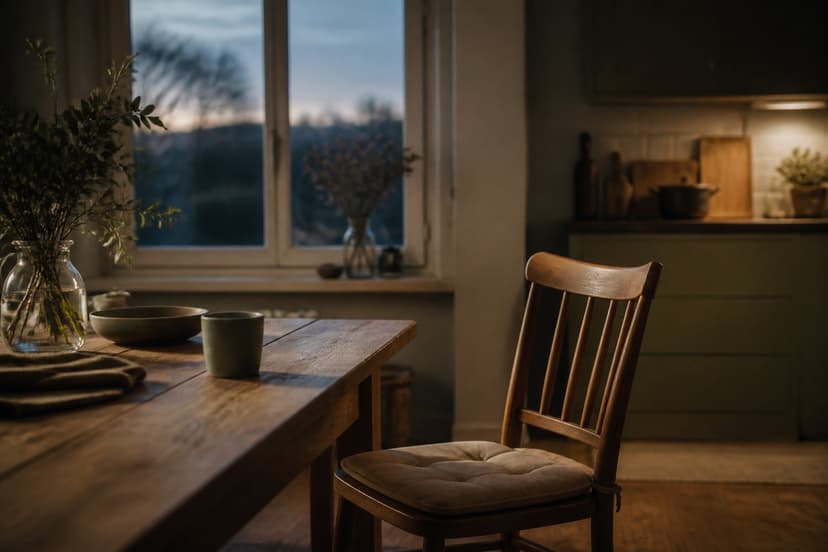 A single empty chair at a kitchen table by a window at dusk, the rest of the room softly out of focus