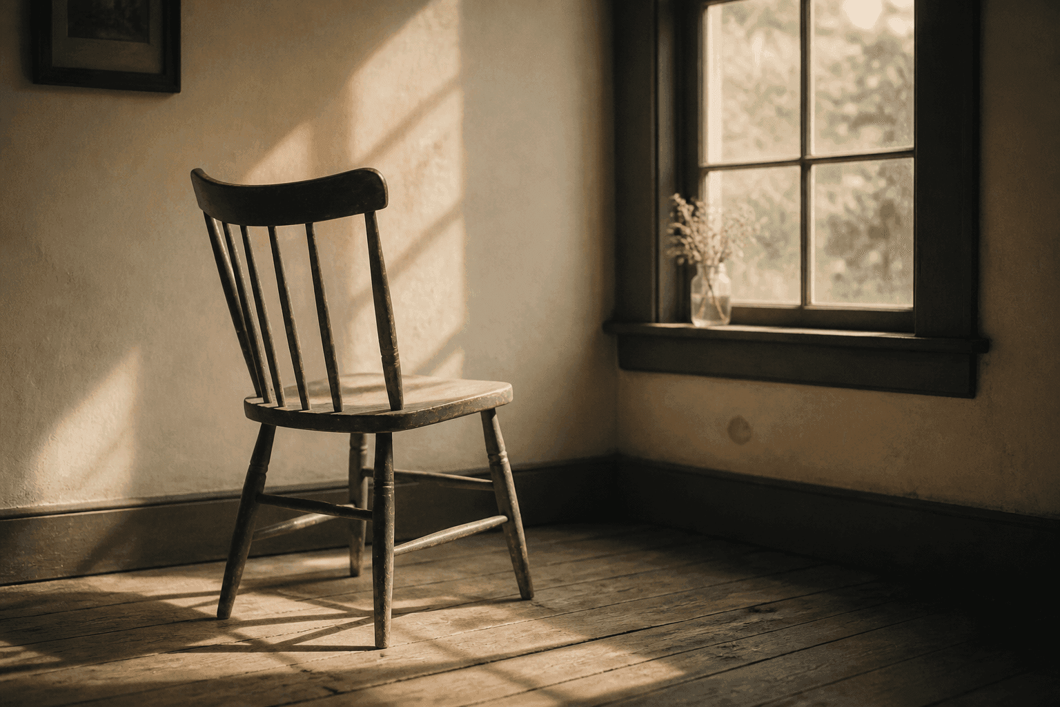 A single chair by a window with soft morning light, empty but present