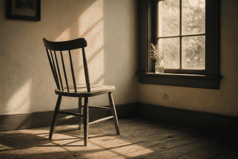 A single chair by a window with soft morning light, empty but present