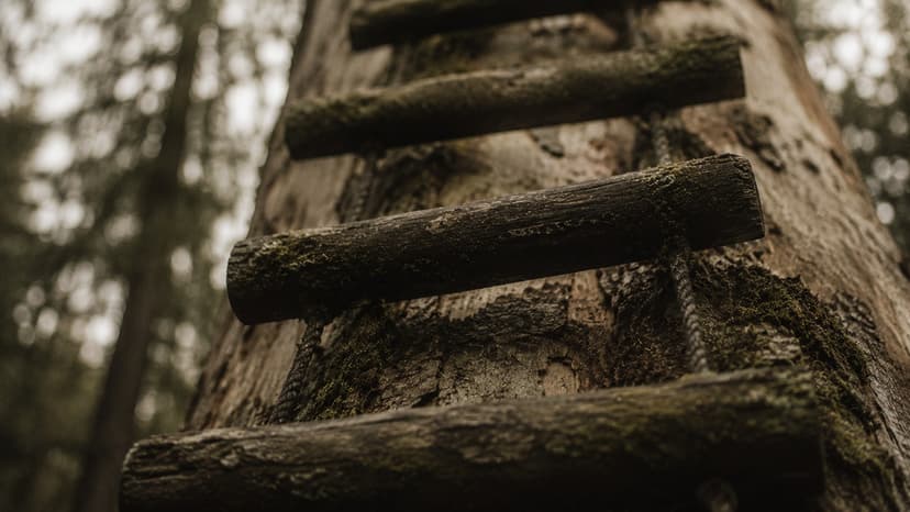 Old wooden ladder rungs attached to a massive tree trunk in a forest, leading upward out of frame under soft morning light.