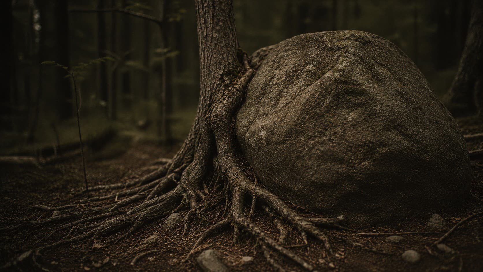 Tree roots wrapping tightly around a large grey boulder on a dim forest floor beneath a dense dark canopy.