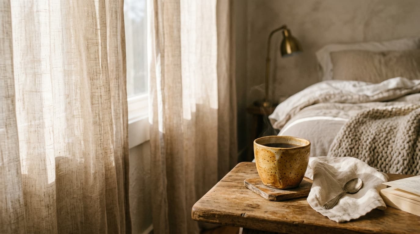 Warm morning sunlight on a ceramic cup near a window