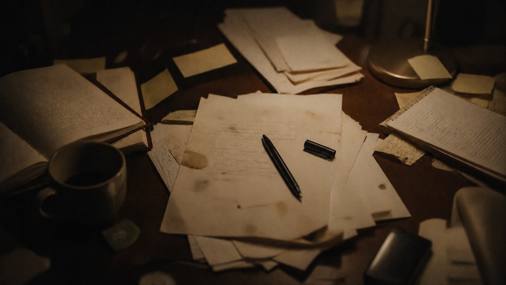A desk covered in scattered papers and an untouched pen, overcast window light.