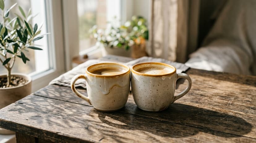 Two ceramic mugs on a table in soft warm light