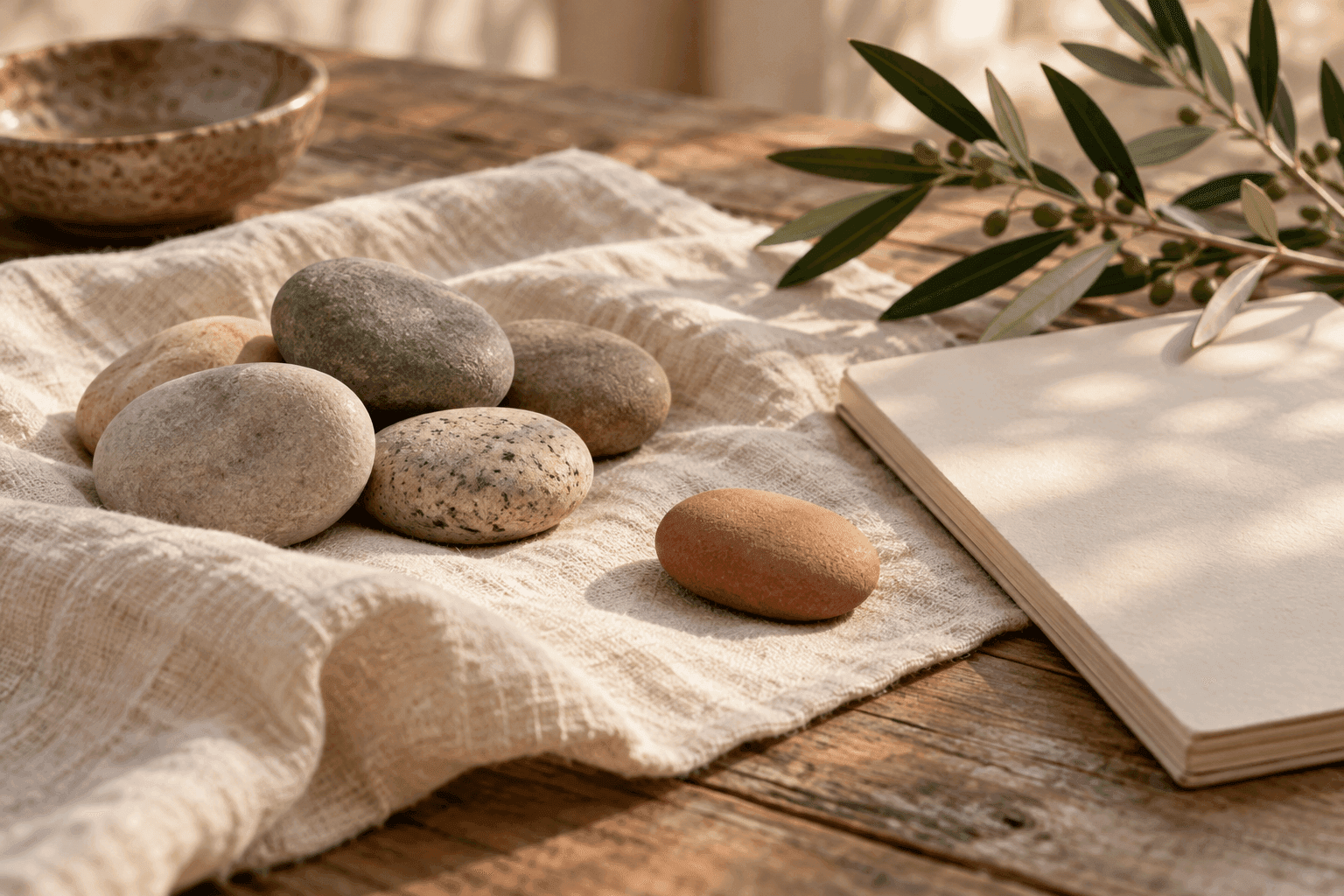 A terracotta stone set apart beside river stones and a blank journal