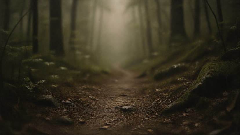 A narrow dirt path disappearing into a misty forest, pale morning light.