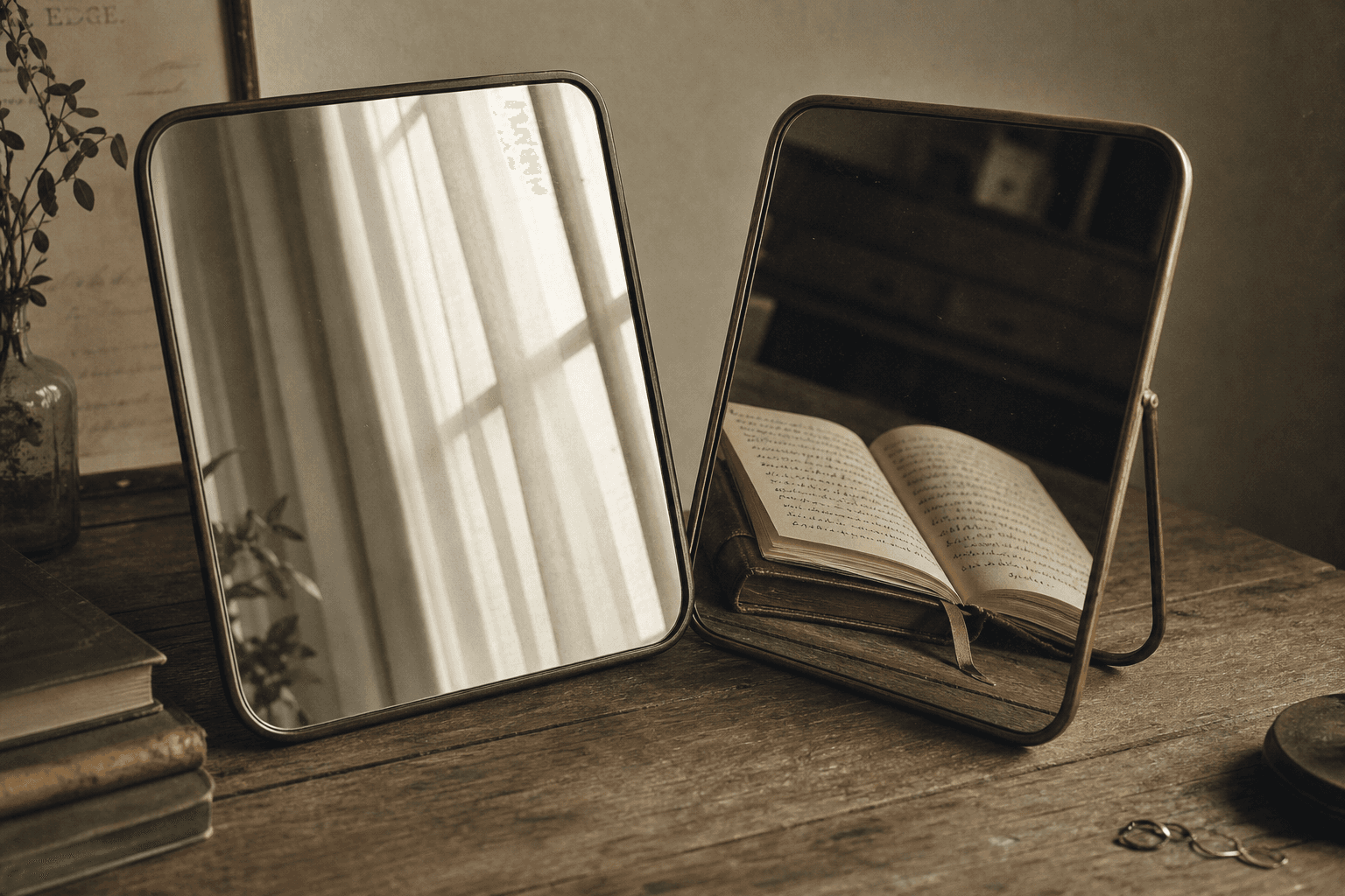An editorial photograph of two adjacent mirrors positioned at slightly different angles on a weathered wooden surface, one mirror reflecting a softly lit window with sheer curtains while the other reflects an open leather-bound journal with handwritten pages, captured in muted warm tones with subtle film grain texture, color palette of warm off-white, olive green, warm grey, and deep charcoal, quiet and introspective mood emphasizing the distinction between immediate reflection and deeper understanding, natural window light casting gentle shadows, shallow depth of field, landscape orientation with wide crop