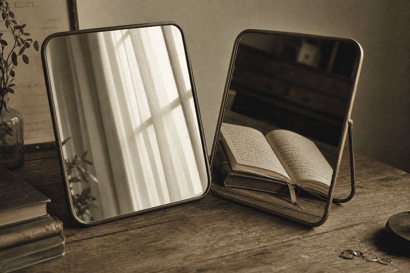 An editorial photograph of two adjacent mirrors positioned at slightly different angles on a weathered wooden surface, one mirror reflecting a softly lit window with sheer curtains while the other reflects an open leather-bound journal with handwritten pages, captured in muted warm tones with subtle film grain texture, color palette of warm off-white, olive green, warm grey, and deep charcoal, quiet and introspective mood emphasizing the distinction between immediate reflection and deeper understanding, natural window light casting gentle shadows, shallow depth of field, landscape orientation with wide crop