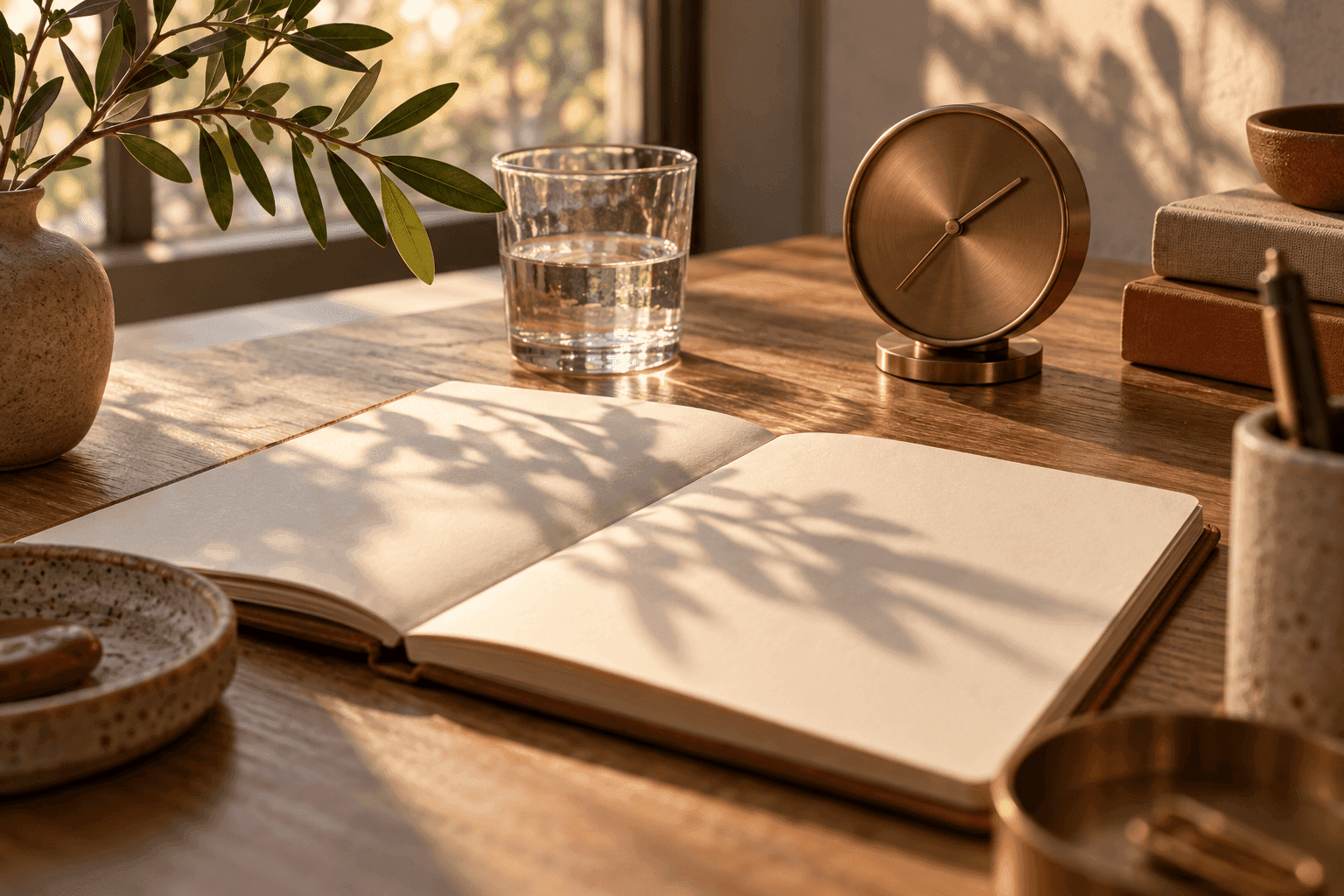 Blank planner beside a brass clock and glass of water
