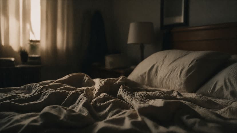 An unmade bed in early morning light, curtains half open, nobody in frame.
