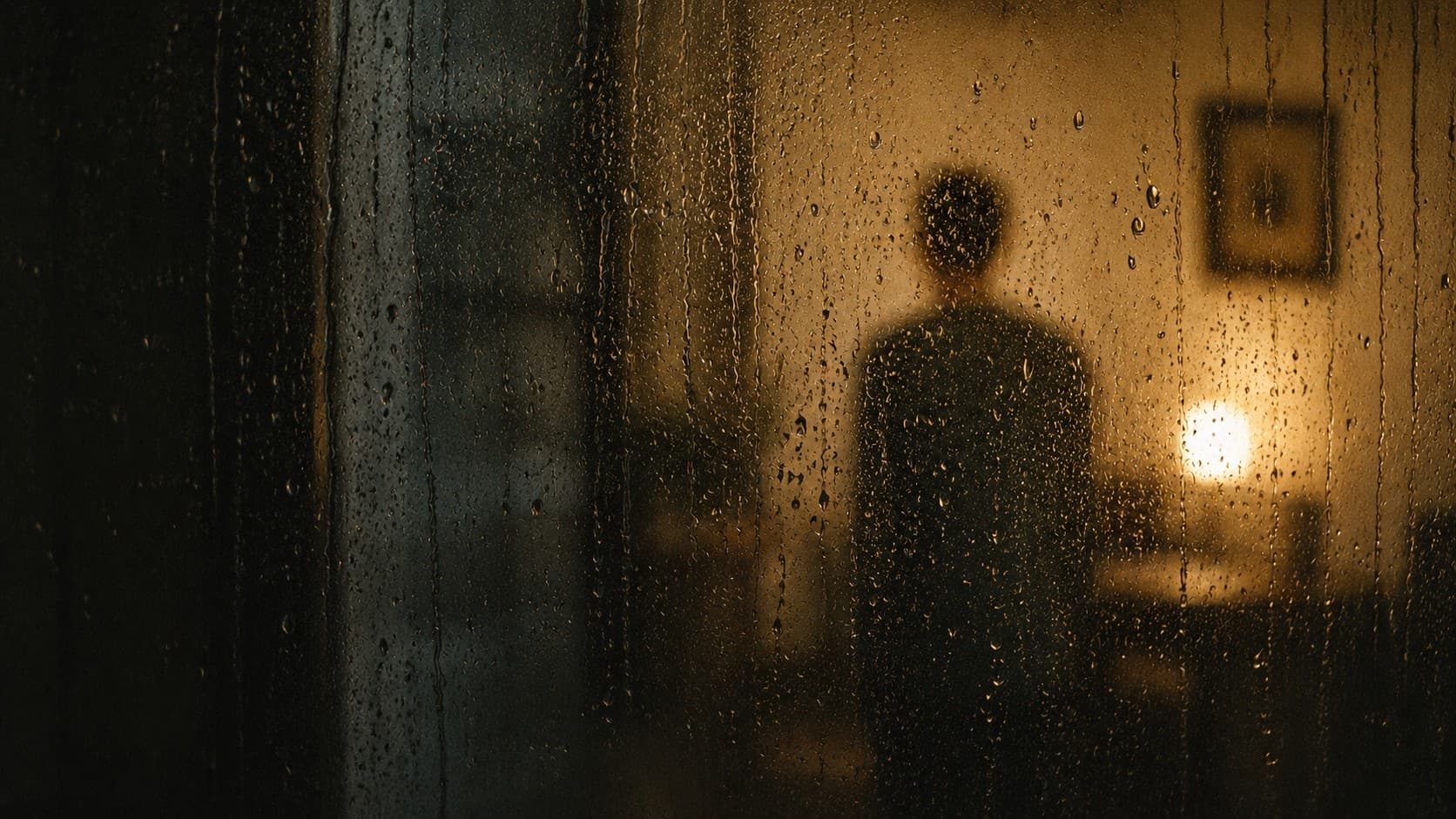 A reflection in a rain-streaked window, blurred figure inside, overcast light.