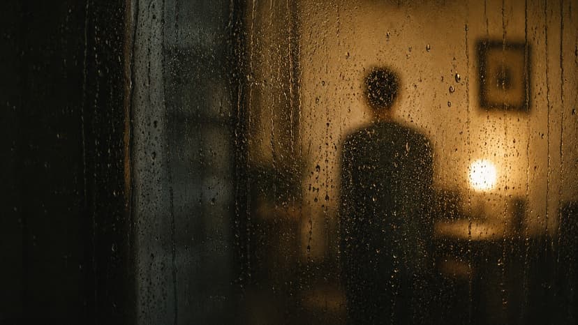 A reflection in a rain-streaked window, blurred figure inside, overcast light.