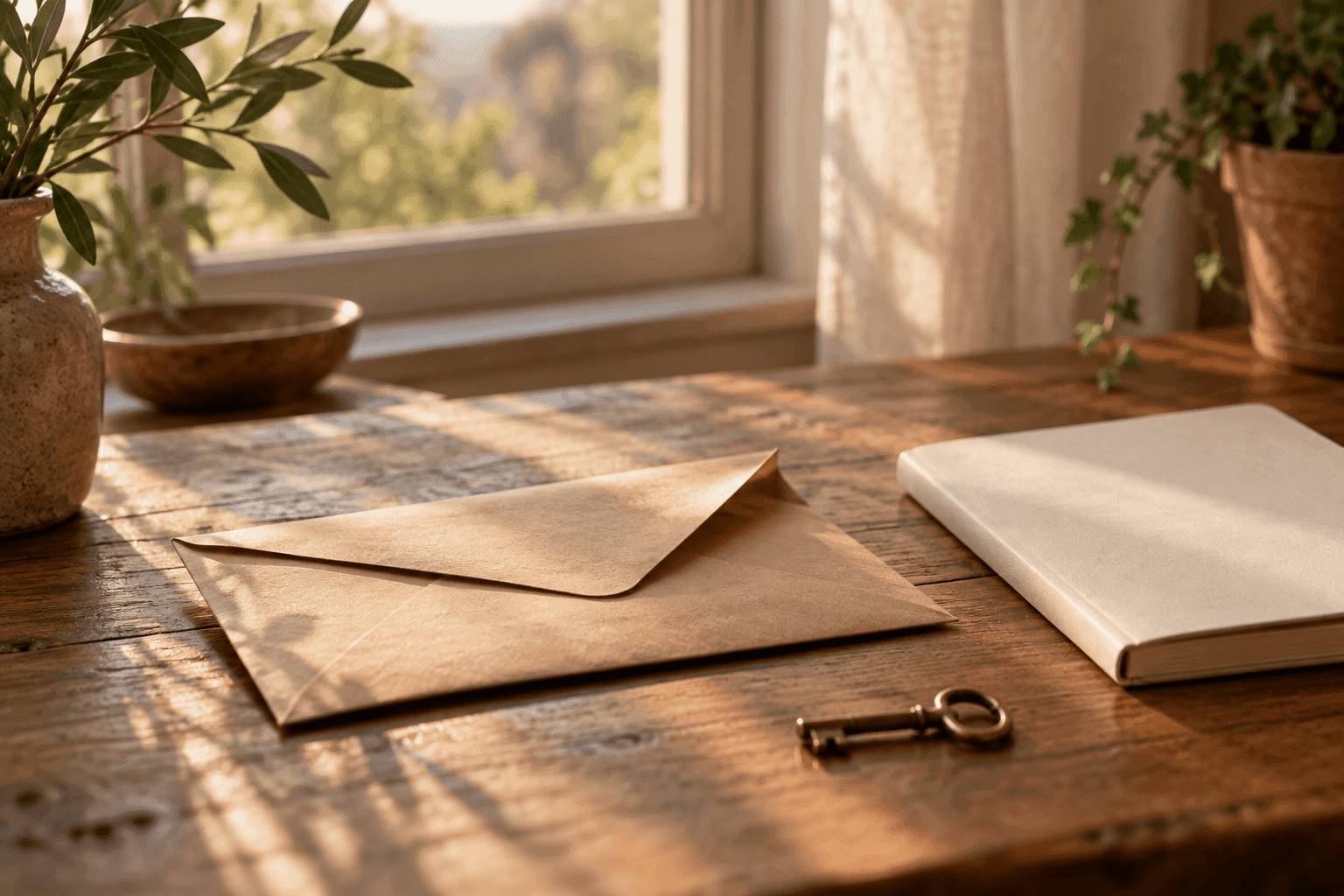 Plain envelope and brass key beside a blank notebook