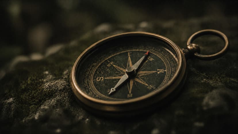 A compass lying flat on a moss-covered stone, soft forest light.