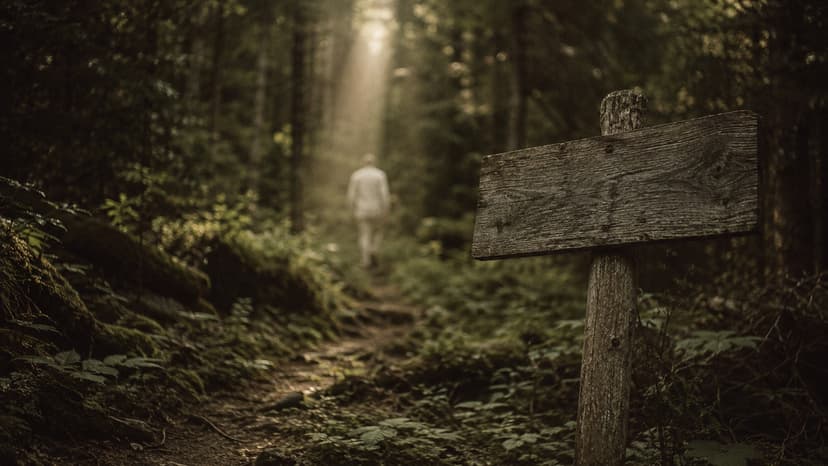 Weathered wooden sign standing beside a narrow forest path, with a blurred figure walking away through dense olive-green woods under a soft shaft of morning light.