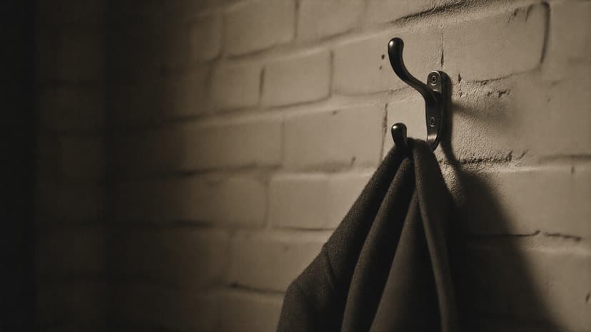 A coat hung heavily on a single hook on a bare wall, flat grey light.