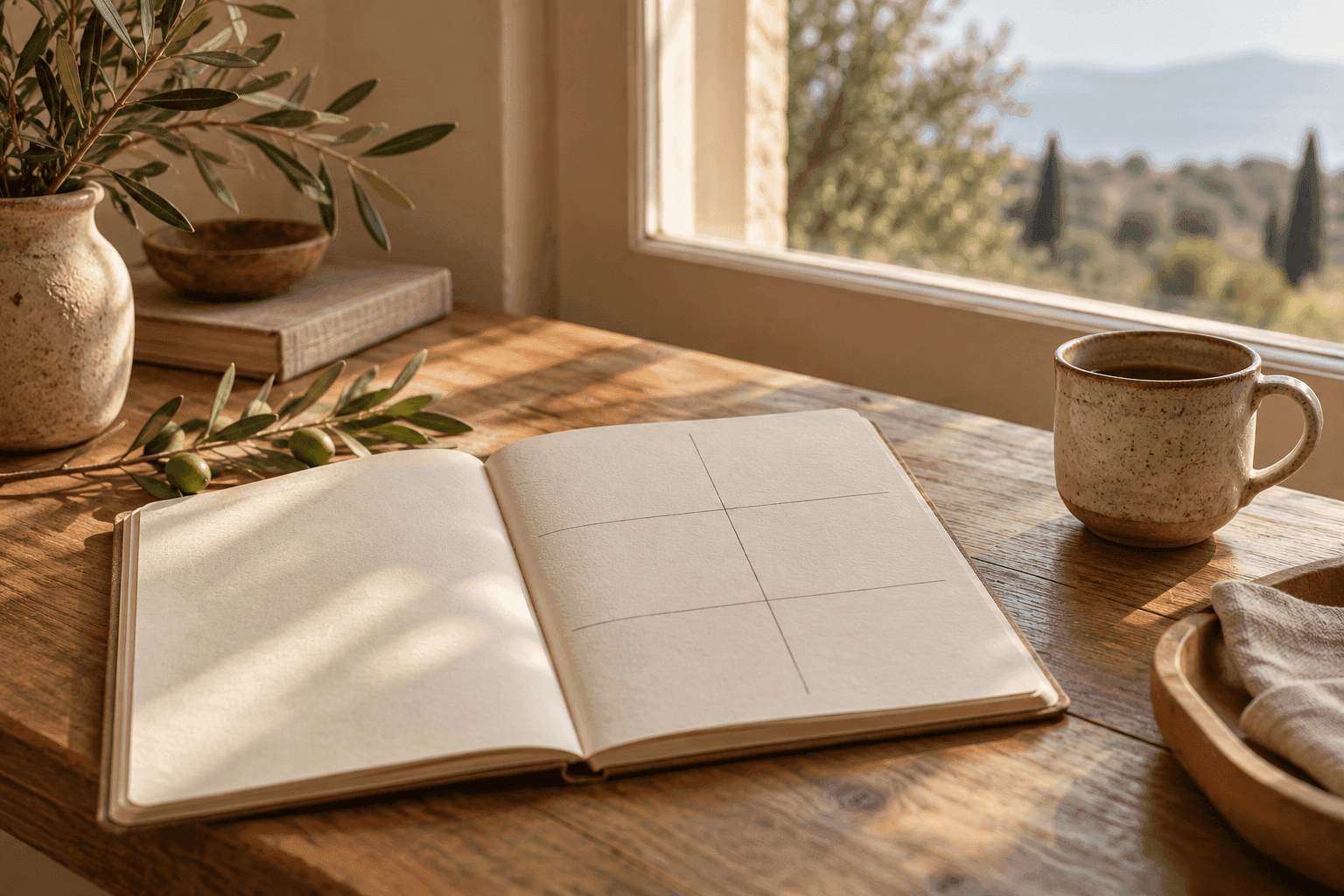 Open life audit notebook on a sunlit wooden desk