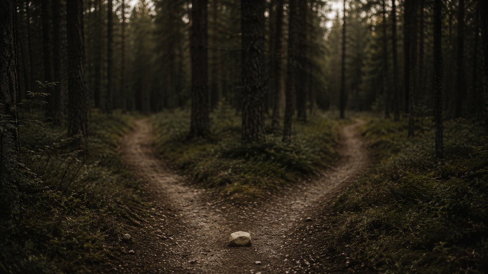 Two dirt paths splitting through a dark pine forest, with a small pale stone resting at the fork beneath diffuse forest light.