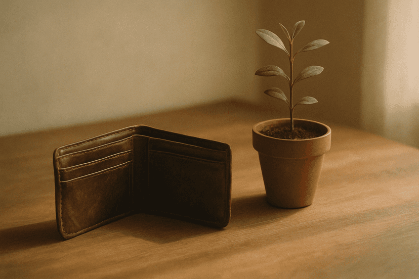 An open leather wallet beside a small plant on a wooden desk, warm morning light