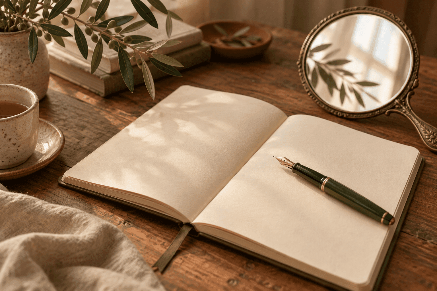 Open blank journal and fountain pen beside a small mirror