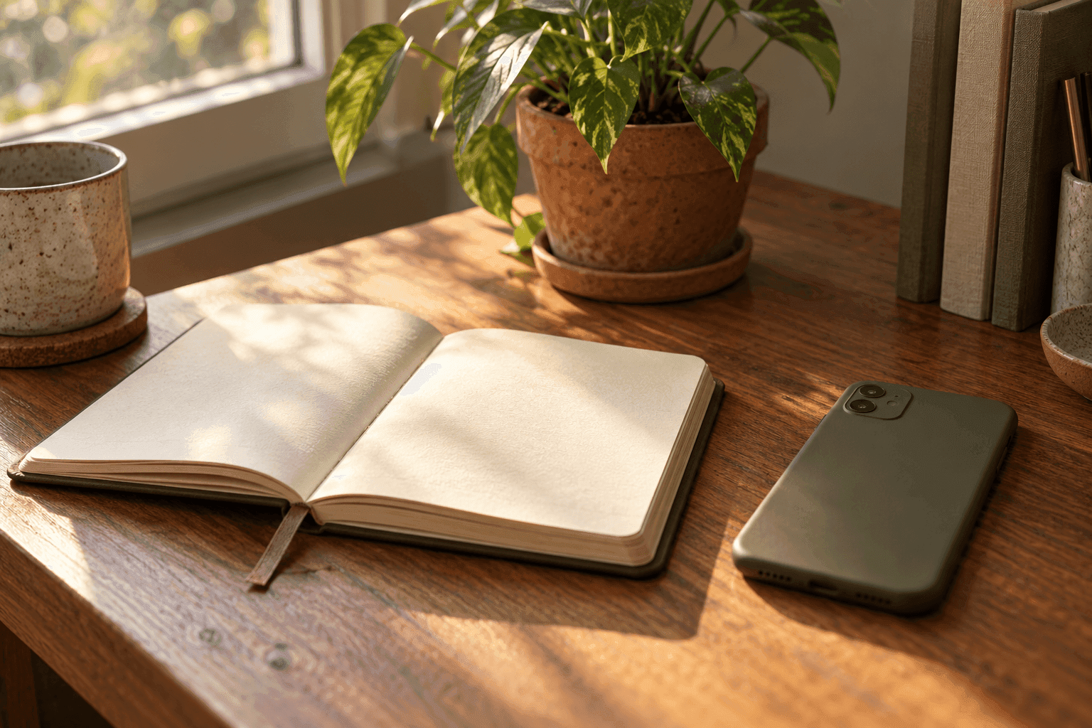 Phone turned face down beside an open journal and plant