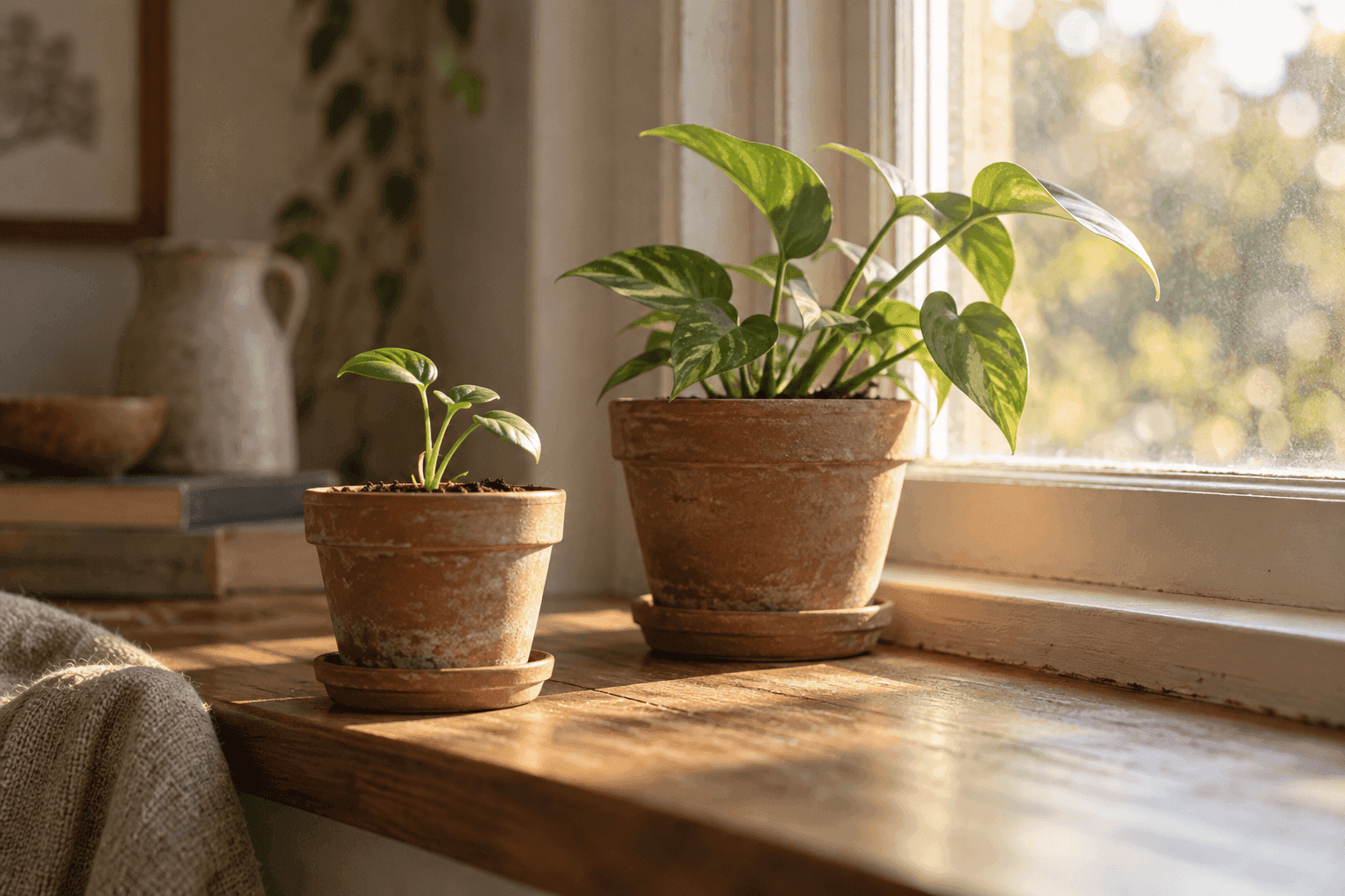 Two plants at different stages growing toward a sunny window