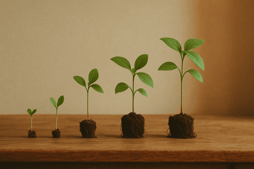 Six small plants in different stages of growth on a wooden surface, warm natural light