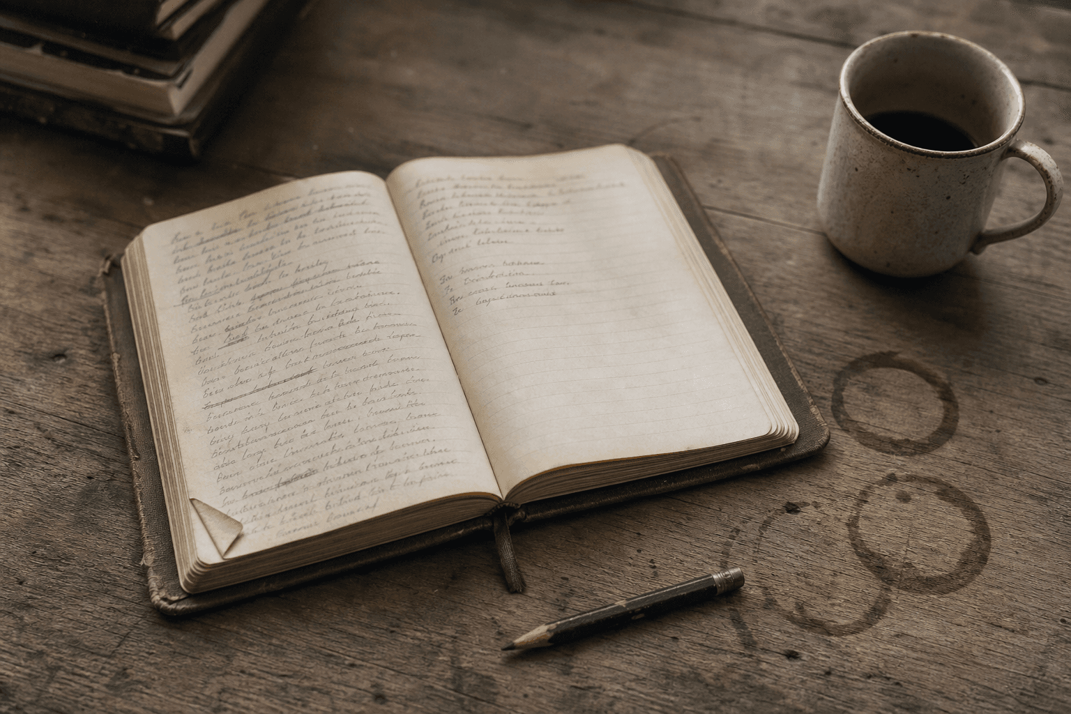 A weathered wooden desk surface photographed from above showing a well-worn journal with pages at different stages of being filled, some corners dog-eared and others crisp, beside a ceramic cup with coffee rings of varying ages stained into the wood grain, and a pencil worn down to different lengths over time, captured in muted warm tones with subtle film grain, using a palette of warm off-white pages, olive green journal cover, warm grey wood, and deep charcoal pencil marks, evoking a quiet, introspective atmosphere of ongoing practice and returning rather than completion, editorial photograph style in landscape orientation with shallow depth of field