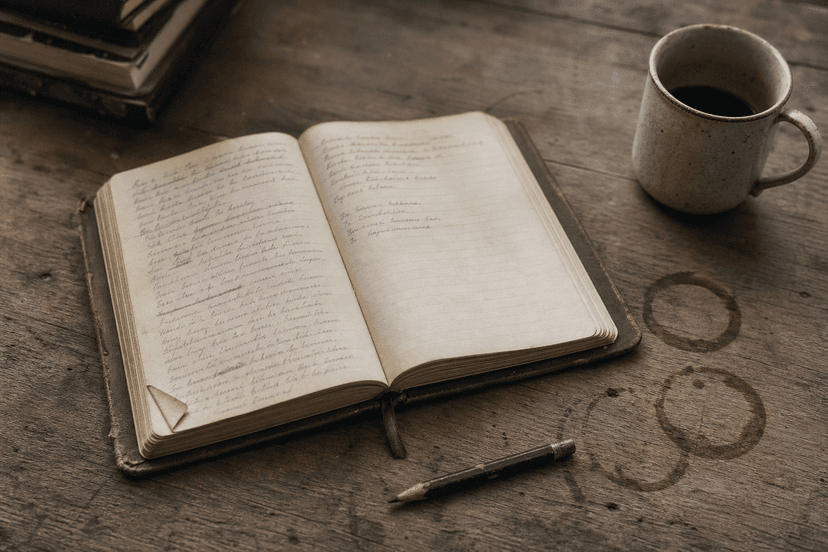 A weathered wooden desk surface photographed from above showing a well-worn journal with pages at different stages of being filled, some corners dog-eared and others crisp, beside a ceramic cup with coffee rings of varying ages stained into the wood grain, and a pencil worn down to different lengths over time, captured in muted warm tones with subtle film grain, using a palette of warm off-white pages, olive green journal cover, warm grey wood, and deep charcoal pencil marks, evoking a quiet, introspective atmosphere of ongoing practice and returning rather than completion, editorial photograph style in landscape orientation with shallow depth of field