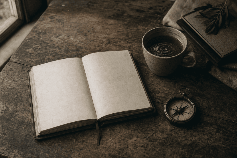 A quiet overhead view of a well-worn wooden desk surface with an open blank journal, a simple ceramic cup half-filled with tea showing subtle ripples, and a small vintage compass resting beside them, all captured in editorial photograph style with muted warm tones of off-white, olive green, warm grey, and deep charcoal, featuring prominent film grain texture and soft natural window light casting gentle shadows across the scene, evoking a contemplative mood of internal navigation and honest reflection in landscape orientation with a wide cinematic crop