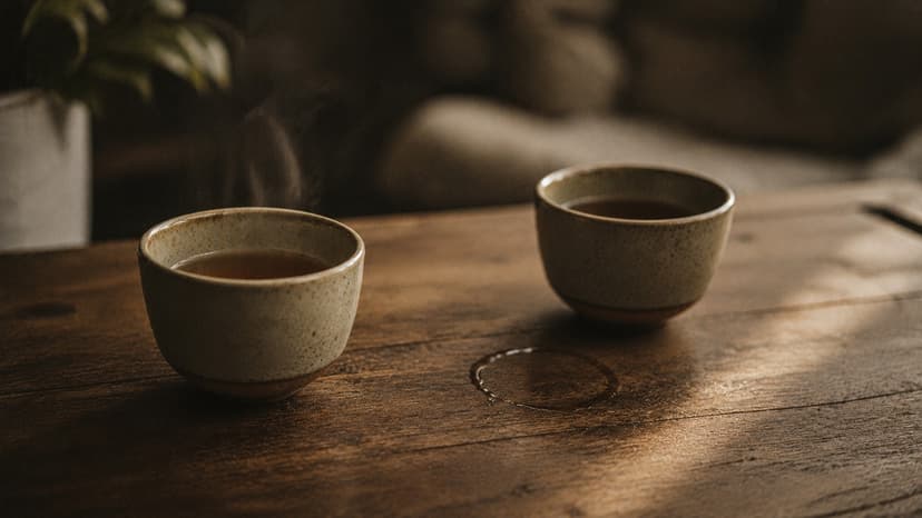 Two half-filled cups of tea on a table, one pushed slightly away, soft morning light.