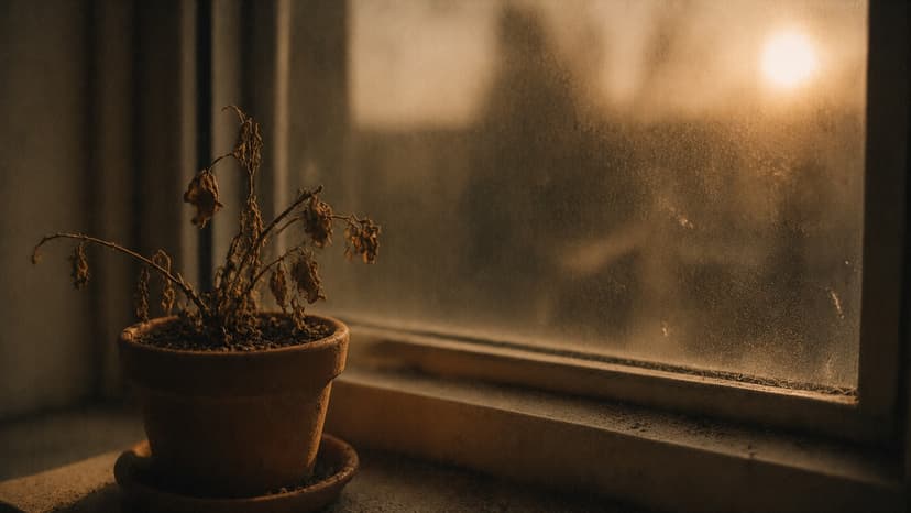 A dried plant on a windowsill, dust on the glass, muted warm tones.