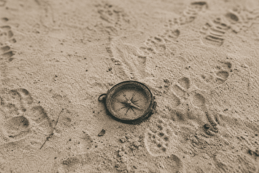 A weathered compass half-buried in dry, textured sand with subtle footprints trailing off in multiple directions around it, photographed from above in soft, diffused natural light, editorial photography style with muted warm tones and visible film grain, color palette of warm off-white sand, olive green patina on the compass brass, warm grey shadows, and deep charcoal details, shallow depth of field creating a quiet and introspective atmosphere, the compass needle slightly askew between directions, landscape orientation with wide crop emphasizing the surrounding emptiness and the gentle chaos of overlapping tracks in the sand