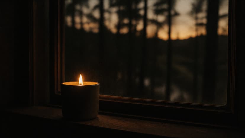 A single candle on a windowsill at dusk, flame reflected in dark glass.