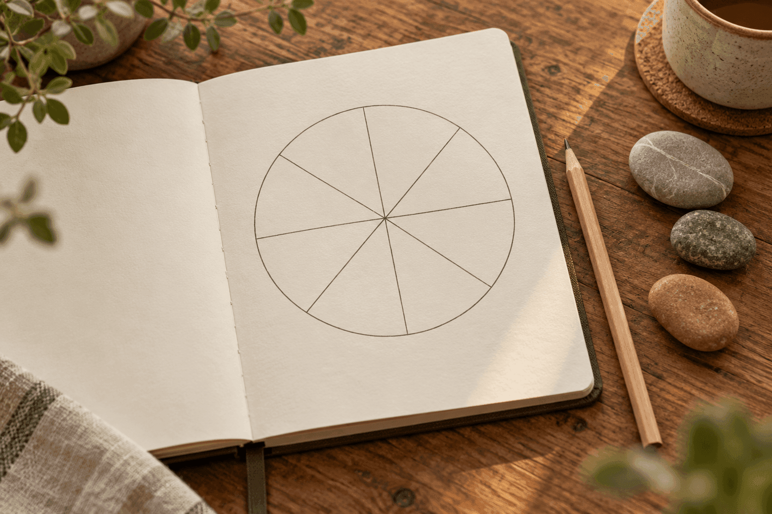 Blank life wheel drawn in a notebook beside smooth stones