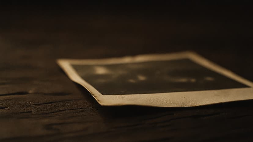 An old photograph face-down on a wooden surface, warm dim light.