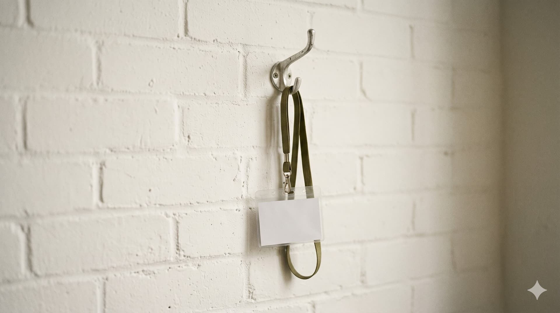 An empty name badge hanging on a bare hook on a white wall, soft diffuse light.