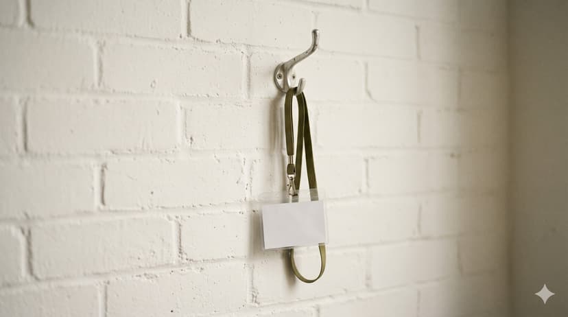 An empty name badge hanging on a bare hook on a white wall, soft diffuse light.