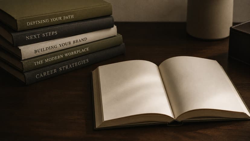 A stack of career books on a wooden desk with one open to a blank page, warm dim light.