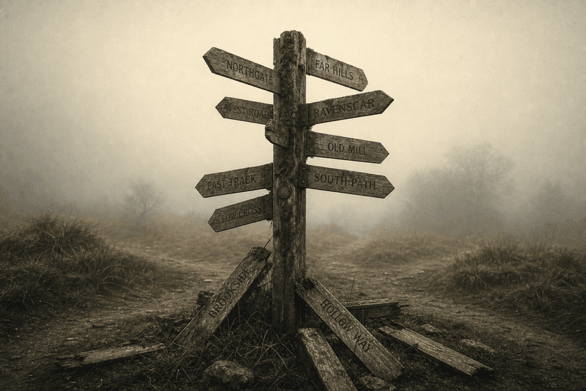 Editorial photograph of a worn wooden signpost at a foggy crossroads with multiple weathered directional arrows pointing in different directions, some fallen and broken on the ground among overgrown grass, captured in muted warm tones with film grain texture, color palette of warm off-white fog, olive green moss on the wood, warm grey weathered paint, and deep charcoal shadows, quiet and introspective mood showing the confusion of too many paths rather than clarity, shot in landscape orientation with a wide crop emphasizing the uncertainty and multiplicity of directions rather than a single clear answer